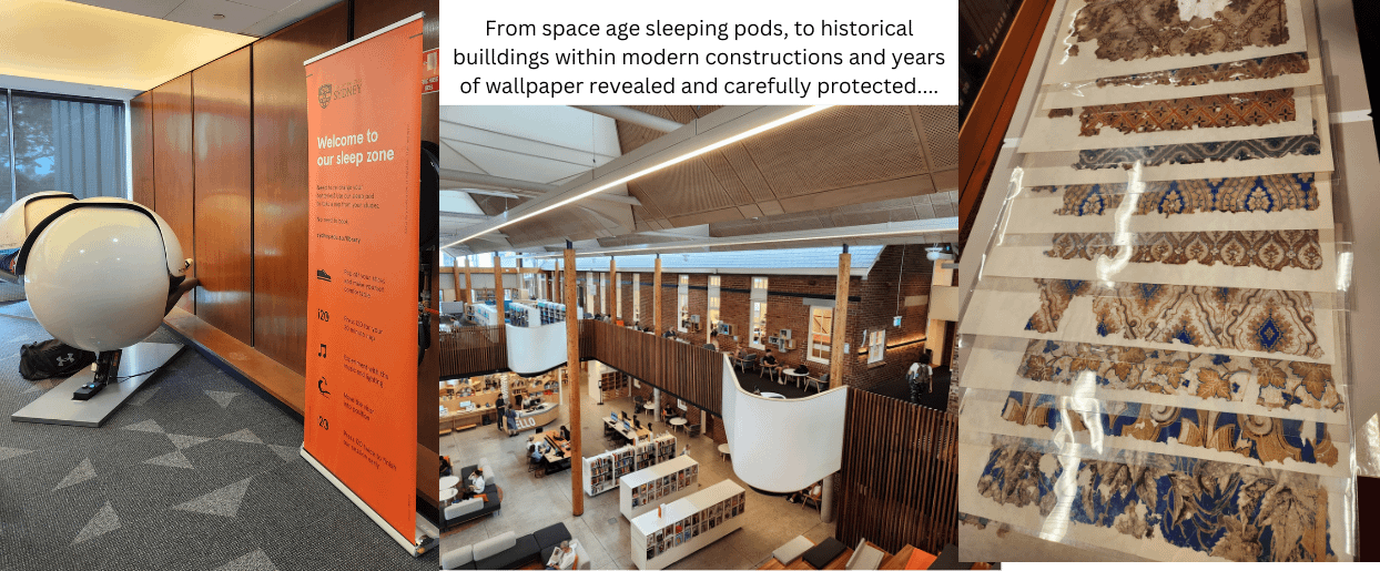 three photos- 1. Sleeping Pods at University Sydney, 2 interior Marrickville Library 3. Wallpapers Caroline Simpson Library
