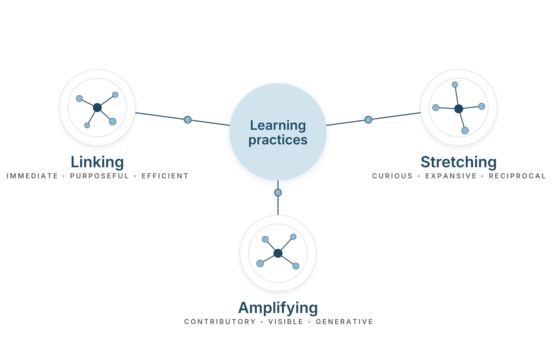 A conceptual diagram illustrating three interconnected dimensions of "Learning practices": Linking, Stretching, and Amplifying, each represented by a network node icon and three descriptive keywords.
