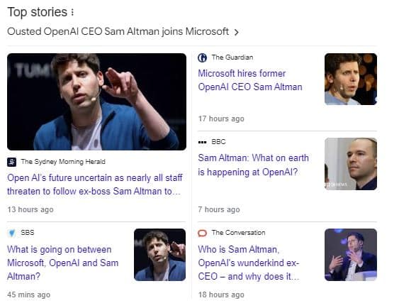 News reports about Sam Altman and his firing at Open AI as at 21 November 2023