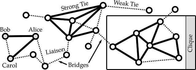 Illustration of a small social network with three cliques connected via bridges. There are strong ties between the individuals Alice and Bob, and Alice and Carol. Based on the definition by Granovetter (1973), there is at least a weak tie between Bob and Carol. Nils Diewald (2012): Decentralized Online Social Networks In: Handbook of Technical Communication, Handbook of Applied Linguistics 8 (HAL 8), Alexander Mehler and Laurent Romary (Eds), Mouton de Gruyter, Berlin/Boston, p. 461-505. Images licenced under Attribution-ShareAlike 3.0 Unported Creative Commons License